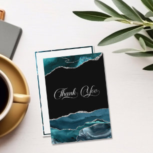 Teal Blue Silver Faux Glitter Thank You Card