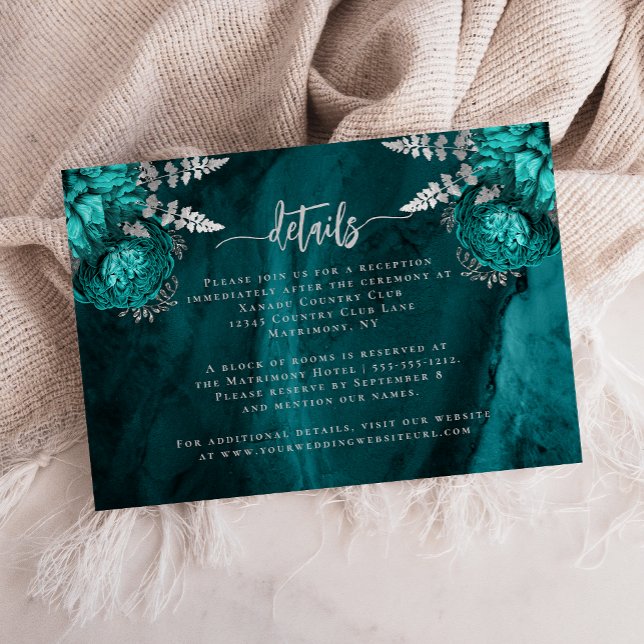 Teal Blue Silver Floral Script Wedding Details Enclosure Card (Creator Uploaded)