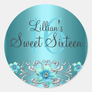 Teal Blue Silver Floral Swirl Sweet 16 Sticker