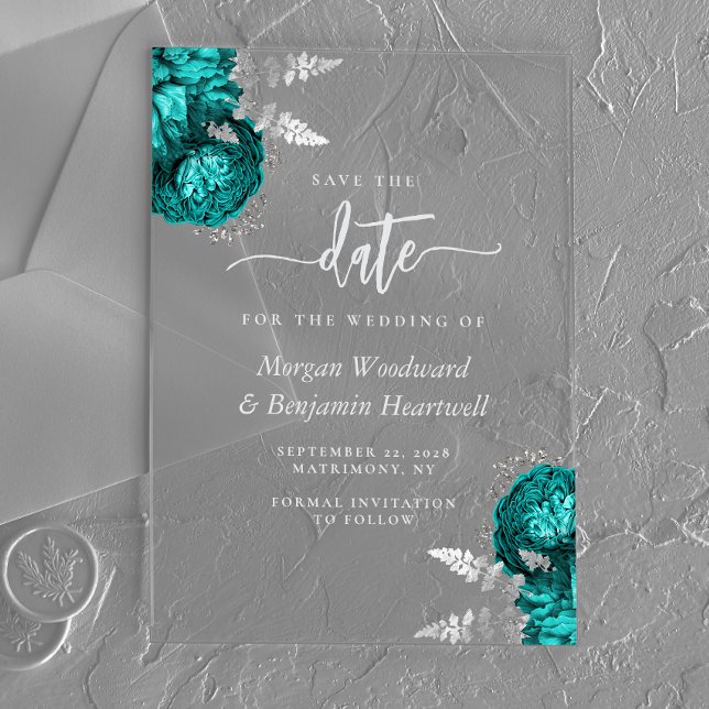 Teal Blue Silver Floral Wedding Save the Date Acrylic Invitations (Creator Uploaded)