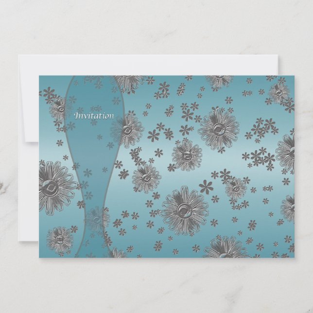 Teal Blue Silver Flowers Party Template (Front)