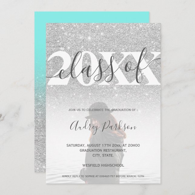 Teal blue silver glitter 2020 photo graduation invitation (Front/Back)