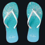 Teal blue silver glitter aqua sea green monogram thongs<br><div class="desc">A teal,  blue sea,  ocean green glitter gradient background. Decorated with faux silver glitter drops. Personalise and add a name and monogram letters. A modern hand lettered style script,  white and blue letters</div>