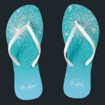 Teal blue silver glitter aqua sea green monogram thongs<br><div class="desc">A teal,  blue sea,  ocean green glitter gradient background. Decorated with faux silver glitter drops. Personalise and add a name and monogram letters. A modern hand lettered style script,  white and blue letters</div>