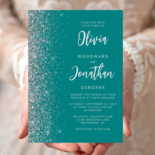 Teal Blue Silver Glitter Calligraphy Wedding Invitation (Creator Uploaded)