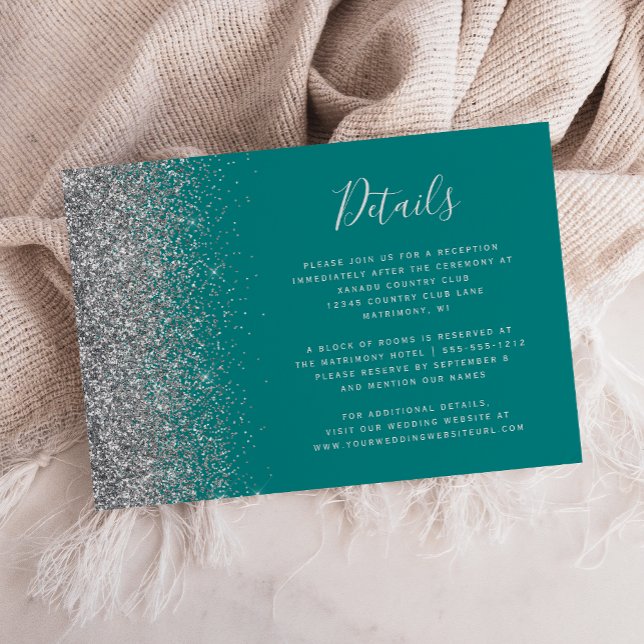 Teal Blue Silver Glitter Edge Wedding Details Enclosure Card (Creator Uploaded)
