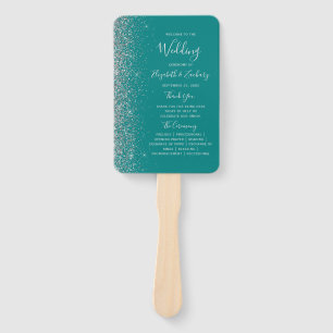 Teal Blue Silver Glitter Edge Wedding Program Hand Fan