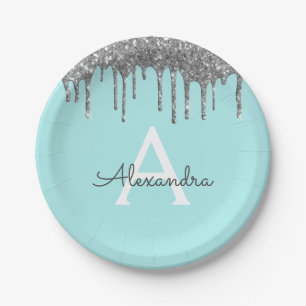 Teal Blue Silver Glitter Monogram Birthday Paper Plate