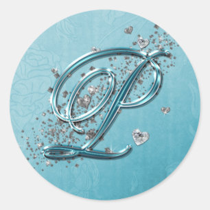 Teal Blue Silver Glitter Script Text Monogram P Classic Round Sticker
