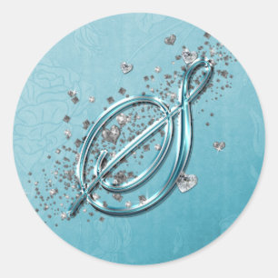 Teal Blue Silver Glitter Script Text Monogram S Classic Round Sticker