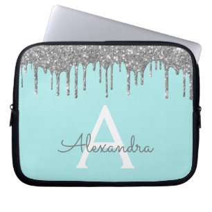 Teal Blue Silver Glitter Sparkle Monogram Laptop Sleeve