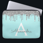 Teal Blue Silver Glitter Sparkle Monogram Laptop Sleeve<br><div class="desc">Teal Blue - Aqua and Silver Faux Dripping Modern and Elegant Girly Glitter and Sparkle Elegant Monogram Case. This case can be customised to include your initial and first name.</div>