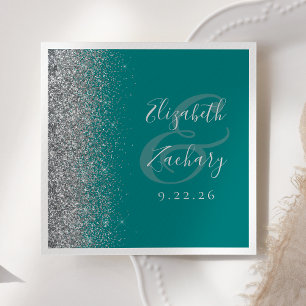 Teal Blue Silver Glitter Wedding Napkins