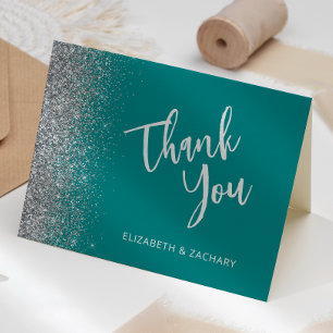 Teal Blue Silver Glitter Wedding Thank You Card