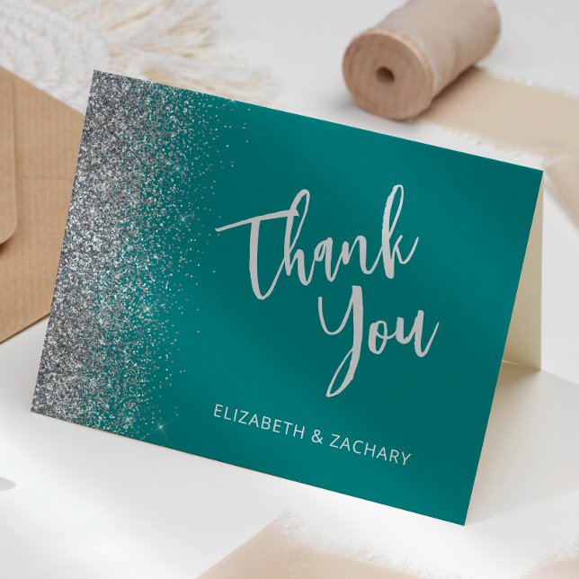 Teal Blue Silver Glitter Wedding Thank You Card (Creator Uploaded)