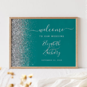 Teal Blue Silver Glitter Wedding Welcome Sign