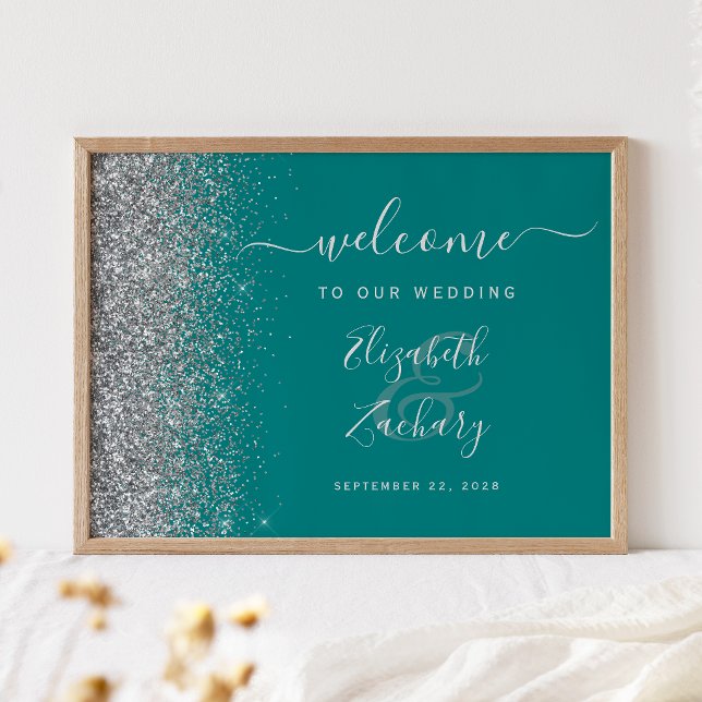 Teal Blue Silver Glitter Wedding Welcome Sign (Creator Uploaded)