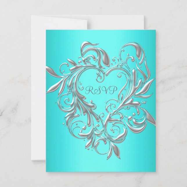 Teal Blue Silver Heart RSVP Response Card (Front)