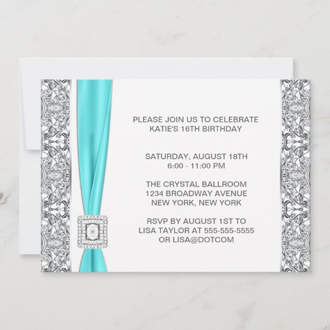 Teal Blue Silver Lace Sweet Sixteen Party Invitation (Front)