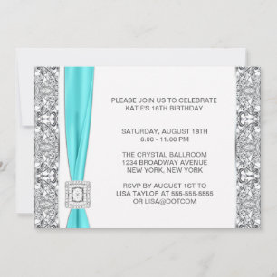Teal Blue Silver Lace Sweet Sixteen Party Invitation