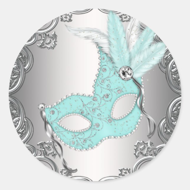 Teal Blue Silver Mask Masquerade Envelope Seal Fav (Front)