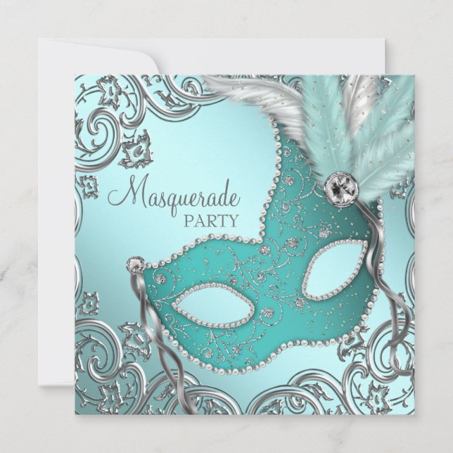 Teal Blue Silver Mask Masquerade Party Invitation (Front)
