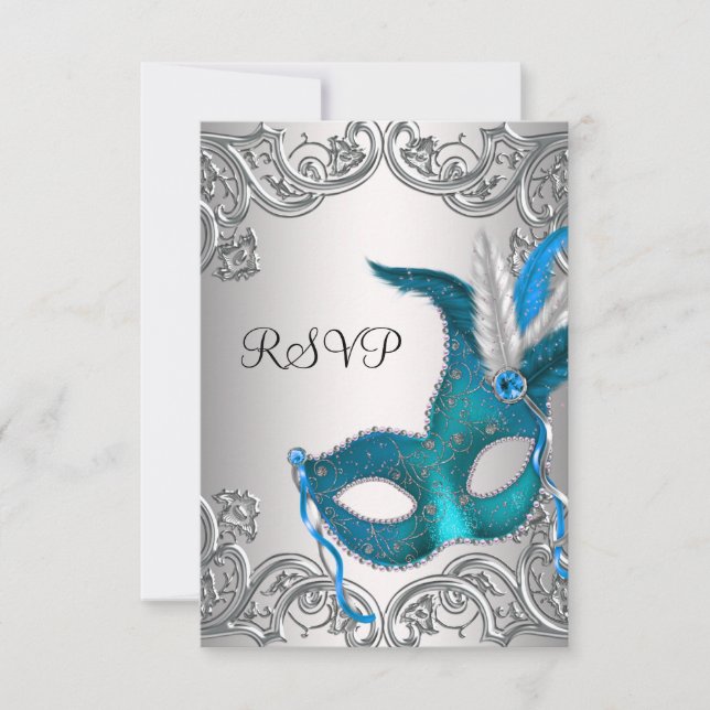 Teal Blue Silver Mask Masquerade Party RSVP (Front)
