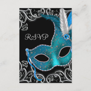 Teal Blue Silver Mask Masquerade Party RSVP