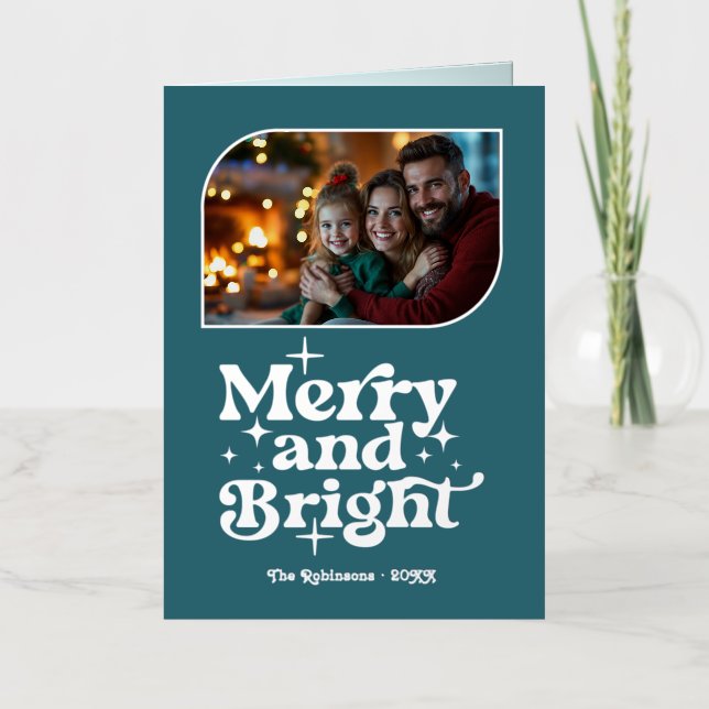 Teal Blue & Silver Merry & Bright Photo Christmas Foil Holiday Card (Front)