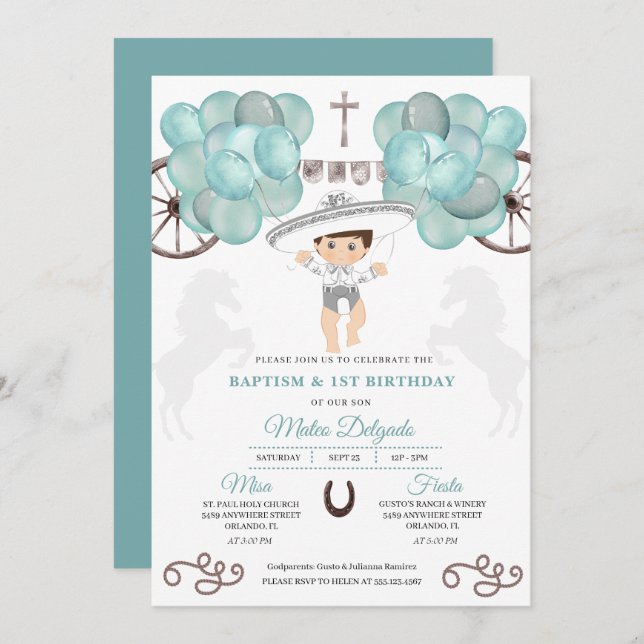 Teal Blue & Silver Mexican Baby Boy Charro Baptism Invitation (Front/Back)