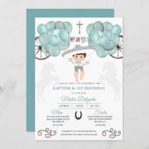Teal Blue & Silver Mexican Baby Boy Charro Baptism Invitation