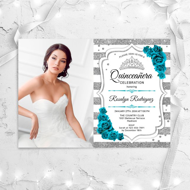 Teal Blue Silver Photo Quinceanera Invitation (Creator Uploaded)