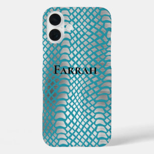 Teal Blue Silver Snake Print iPhone 16 Plus Case