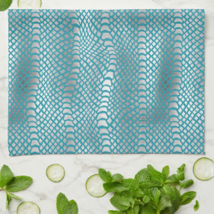 Teal Blue Silver Snake Print Tea Towel