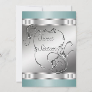 Teal Blue Silver Sweet 16 Birthday Party Invitation