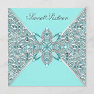 Teal Blue Silver Sweet Sixteen Birthday Party Invitation