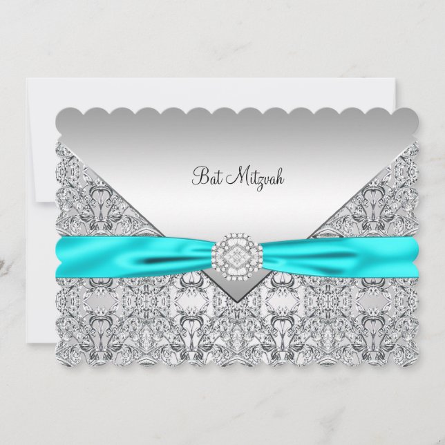 Teal Blue Silver Teal Bat Mitzvah Invitation (Front)