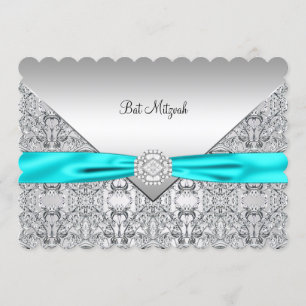 Teal Blue Silver Teal Bat Mitzvah Invitation