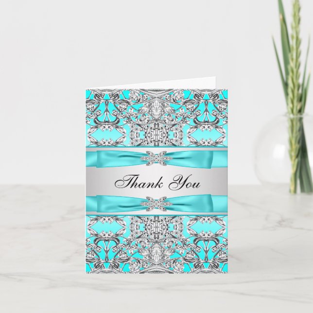 Teal Blue Silver Thank You Card (Front)