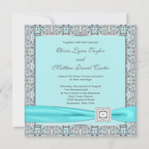 Teal Blue Silver Wedding Invitation
