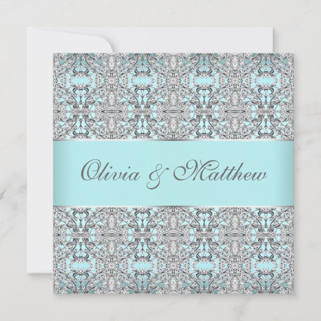 Teal Blue Silver Wedding Invitation Templates (Front)