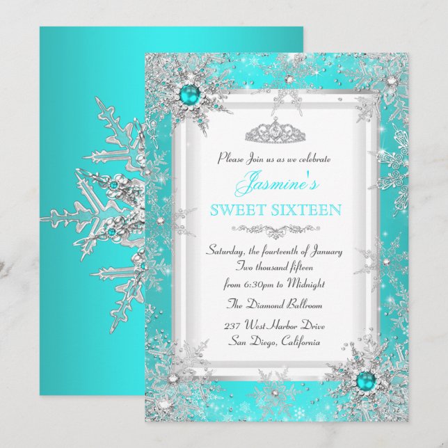 Teal Blue Silver Winter Wonderland Sweet 16 Party Invitation (Front/Back)