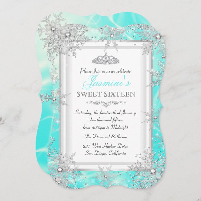 Teal Blue Silver Winter Wonderland Sweet 16 Party Invitation (Front/Back)