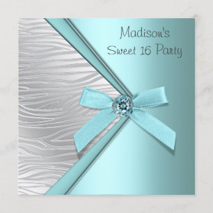 Teal Blue Silver Zebra Sweet 16 Party Invitation