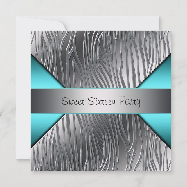 Teal Blue Silver Zebra Sweet 16 Party Invitation (Front)
