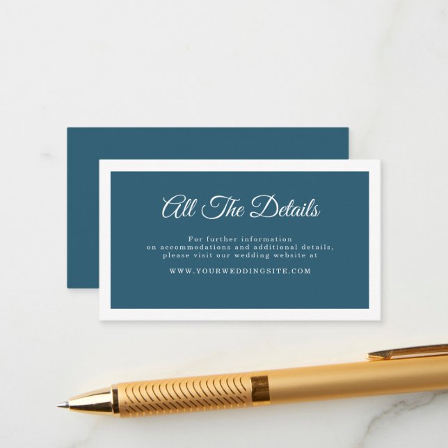 Teal Blue Simple Elegant Script Wedding Detail Enclosure Card (Front/Back In Situ)