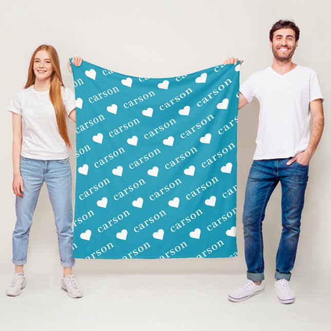 Teal Blue Simple Personalised Repeating Name Fleece Blanket (In Situ)