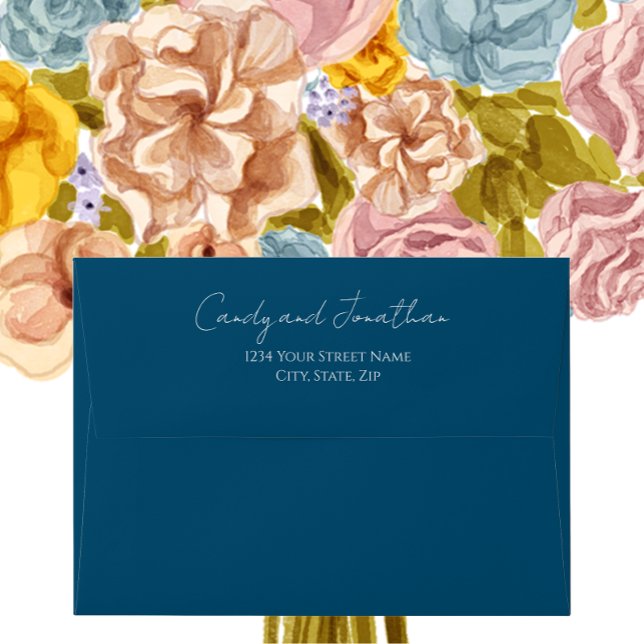Teal Blue Simple Style Modern Script Wedding Envelope (In Situ Flowers)