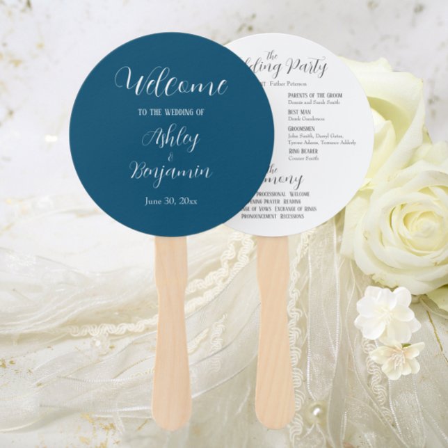 Teal Blue Simple Wedding Ceremony Program Hand Fan (In Situ Wedding)