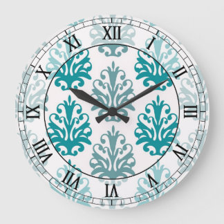teal blue slate blue white damask roman numerals large clock
